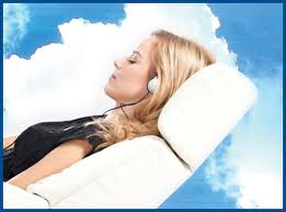 Woman laying on a dental chair with clouds in the background